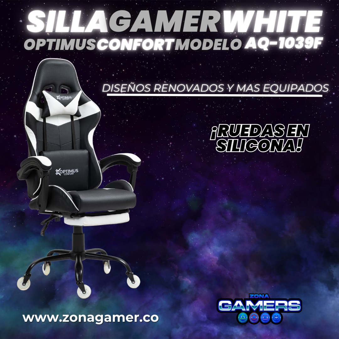 Silla Gamer AQ-1039F White con reposapiés y ruedas en silicona