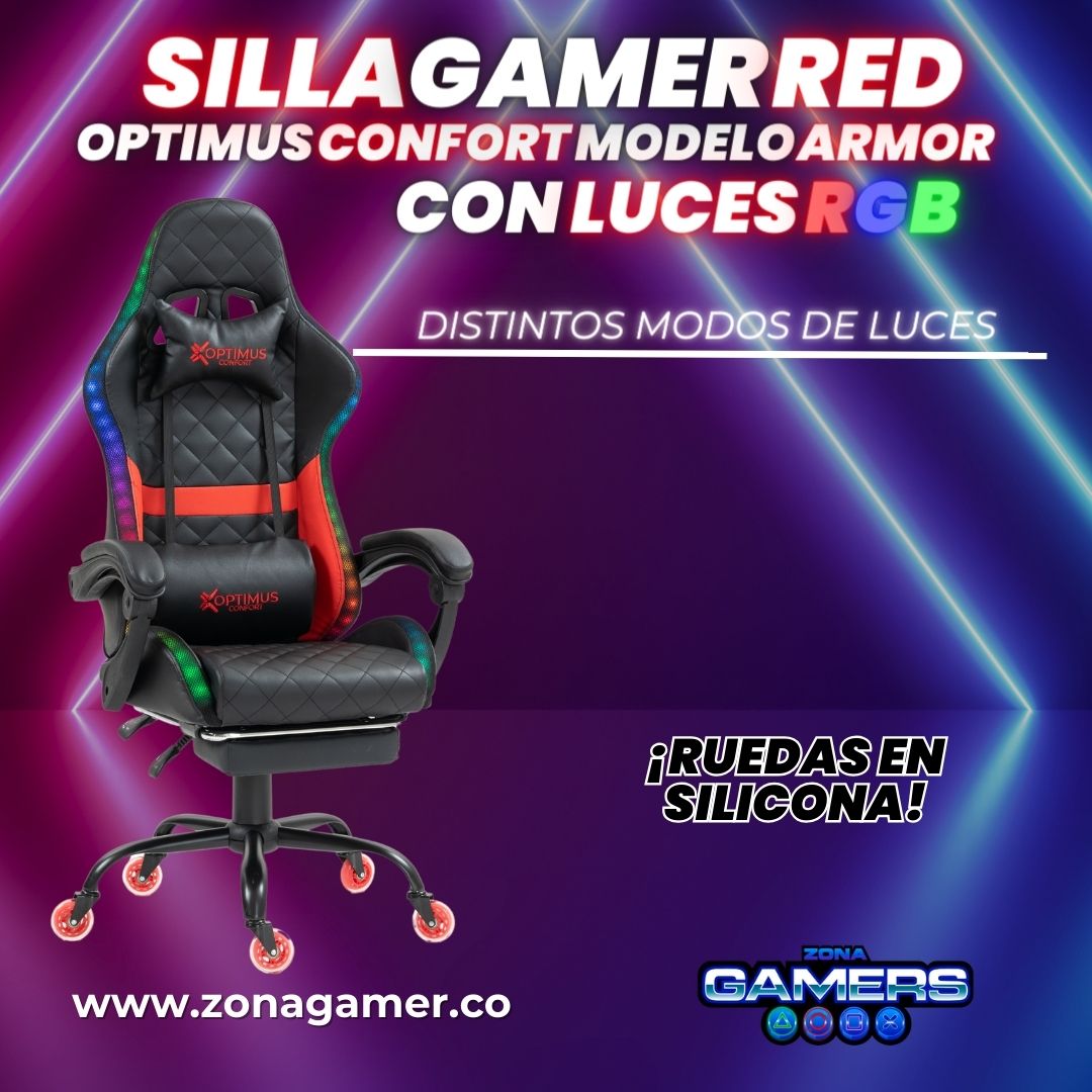 Silla gamer Armor Red con luces RGB + reposapiés y ruedas en silicona