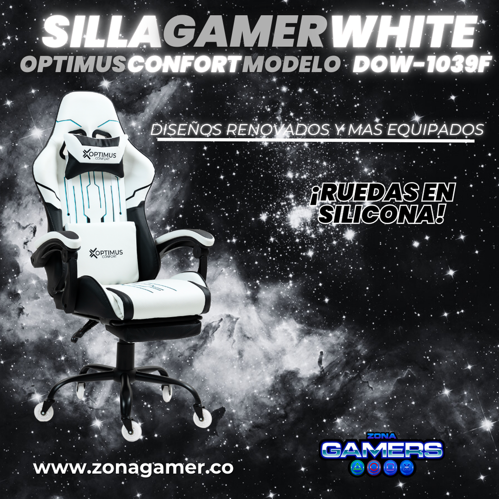Silla Gamer DOW-1039F White con reposapiés y ruedas en silicona