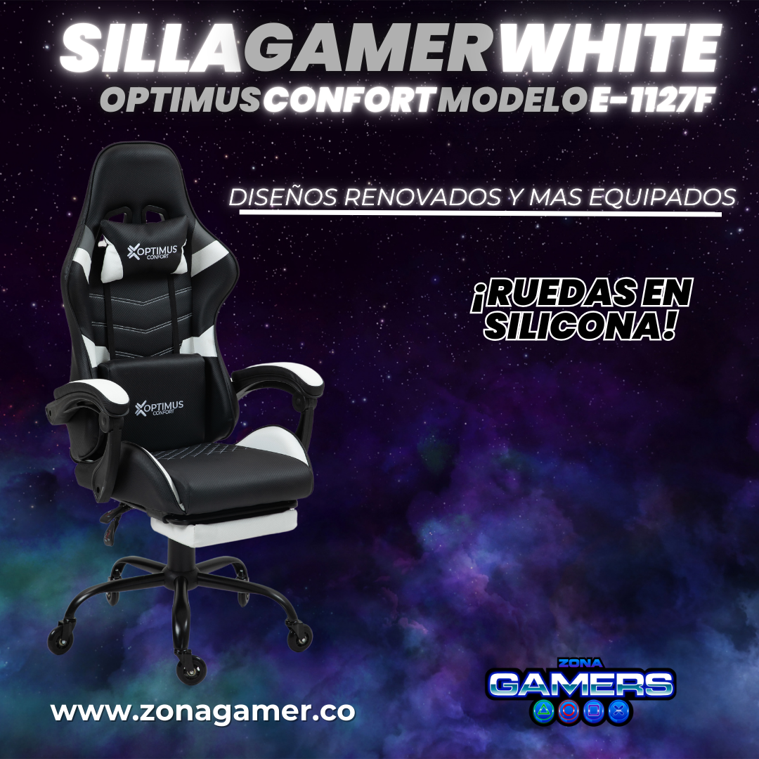 Silla Gamer E-1127F White con reposapiés y ruedas en silicona