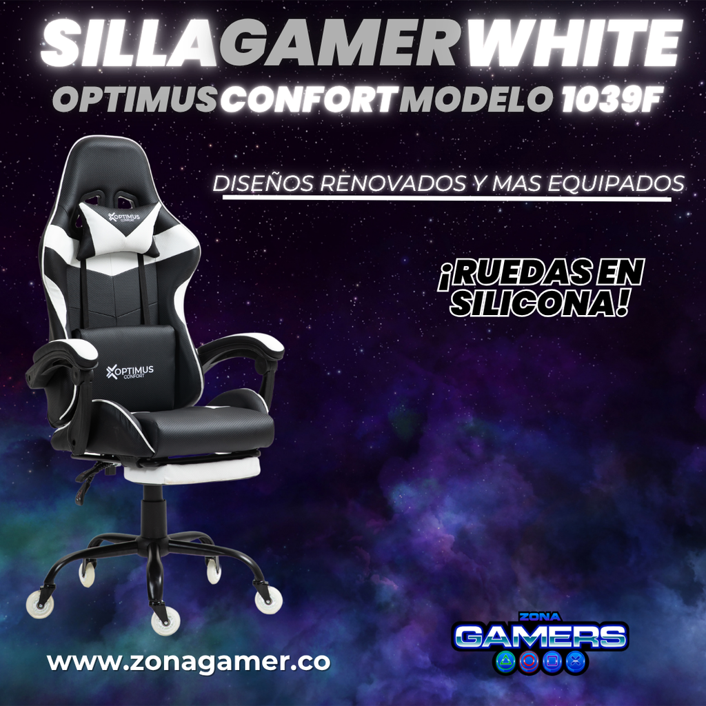 Silla Gamer 1039F White con reposapiés y ruedas en silicona