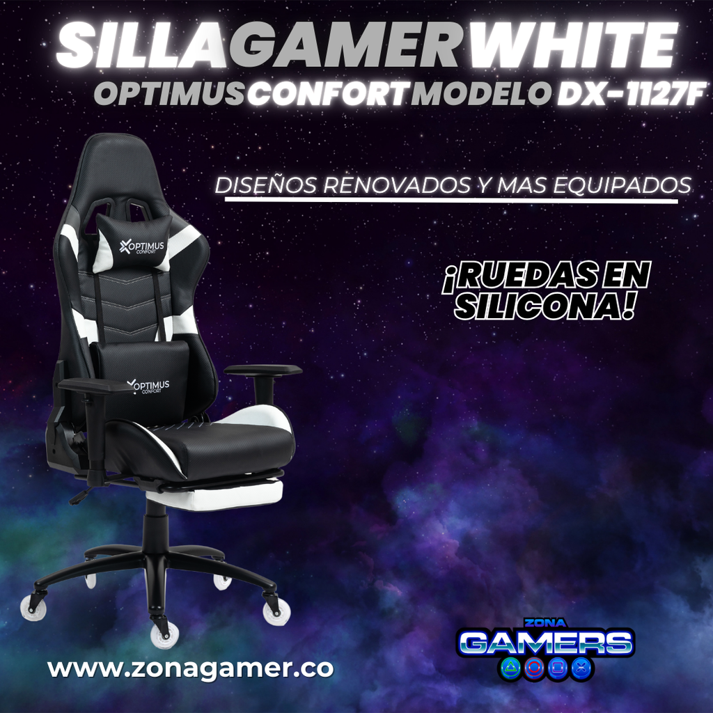 Silla Gamer DX-1127F White con reposapiés y ruedas en silicona