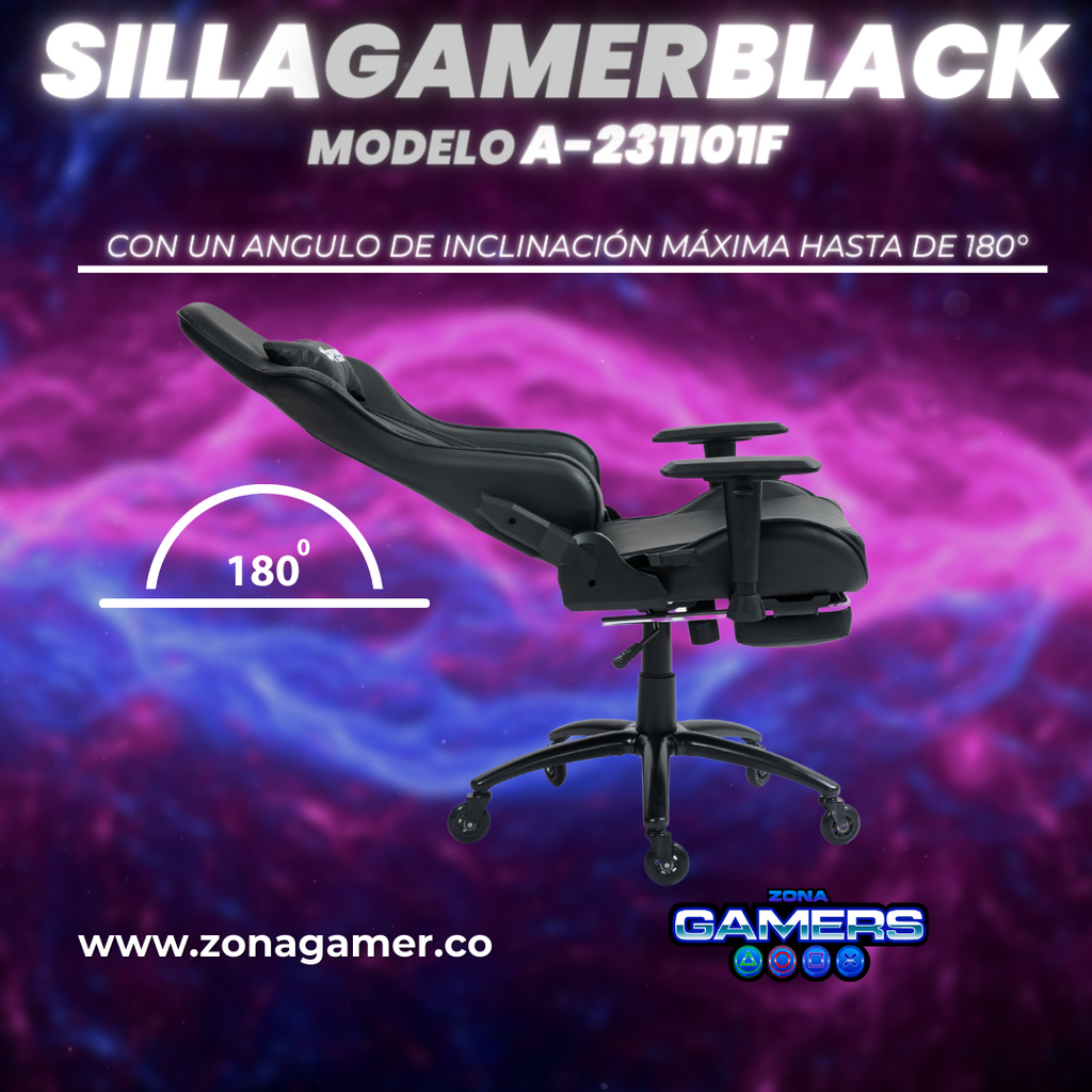 Silla gamer A231101F Black + reposapiés y ruedas en silicona