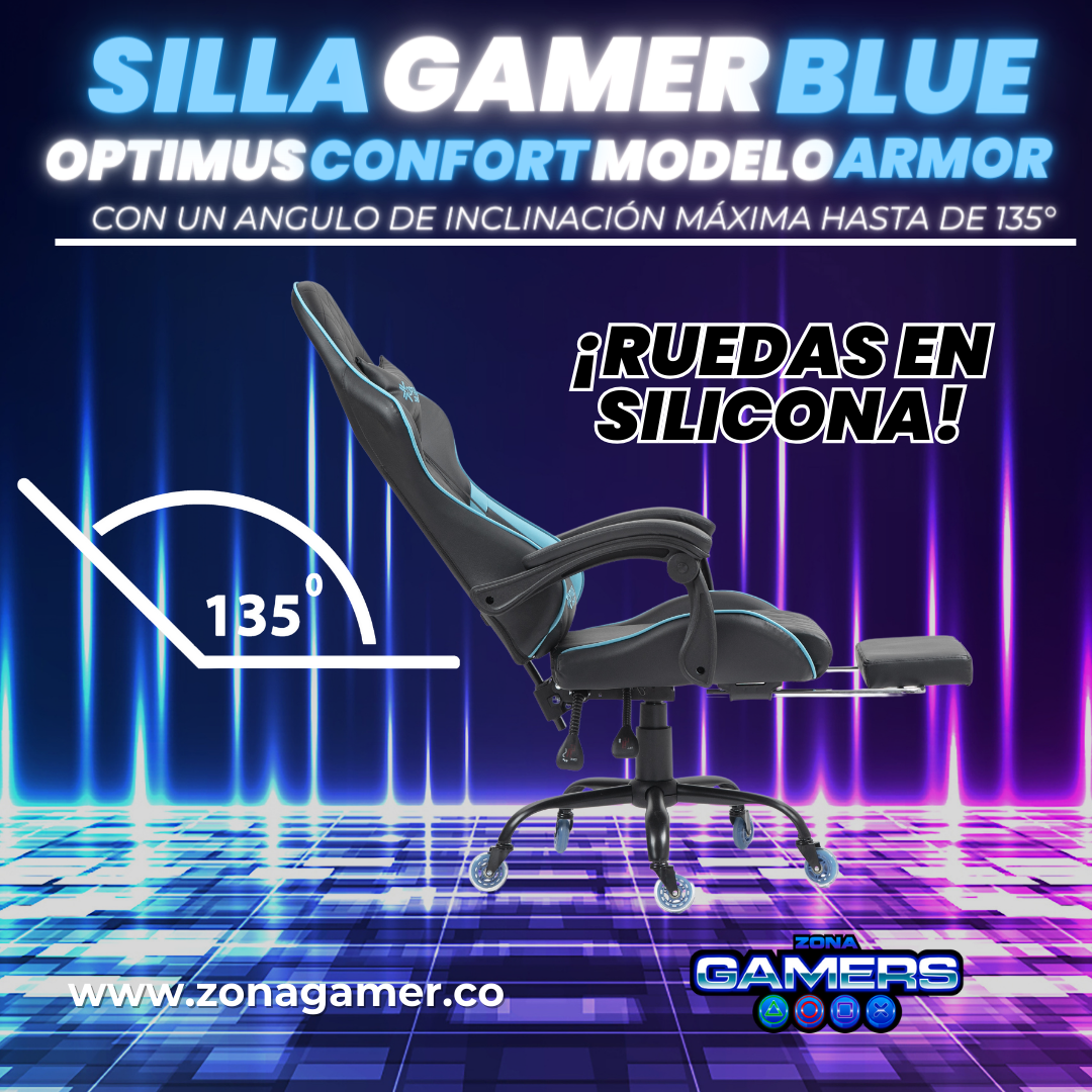 Silla Gamer ARMOR-1039F Blue con reposapiés y ruedas en silicona