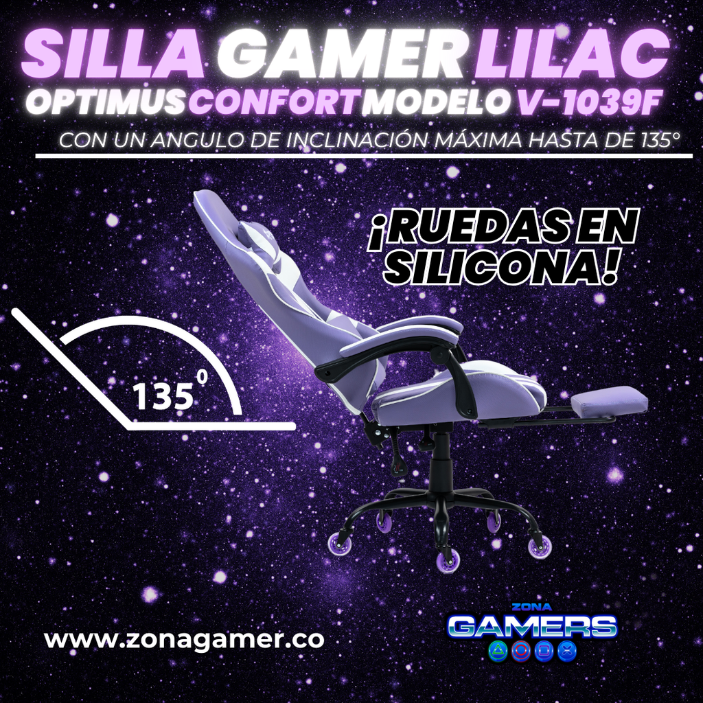 Silla Gamer V-1039F Lilac con reposapiés y ruedas en silicona