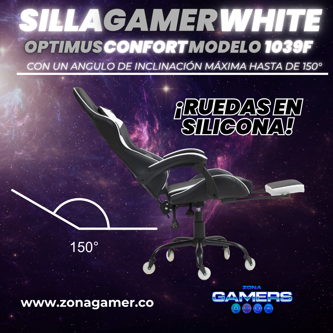 Silla Gamer 1039F White con reposapiés y ruedas en silicona