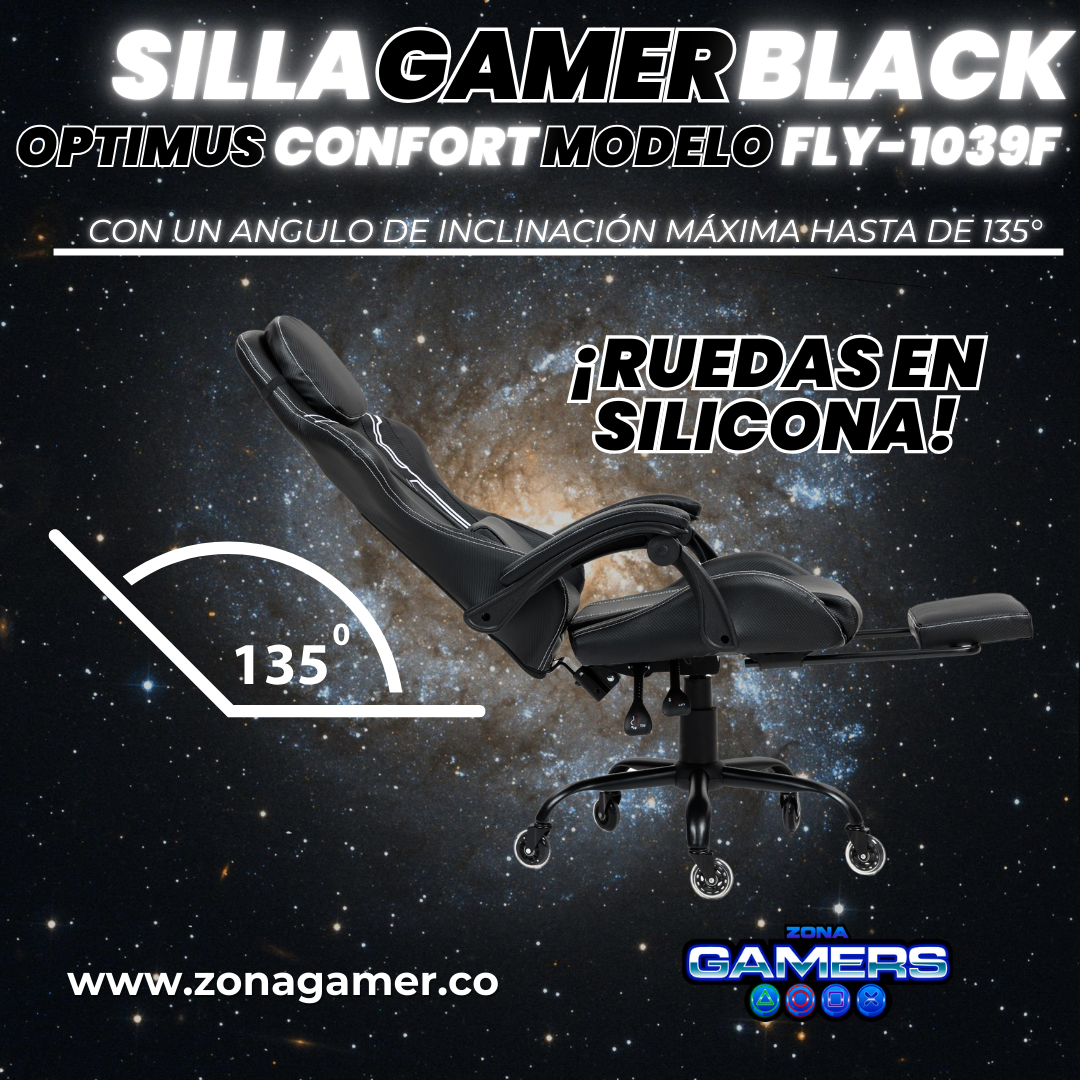 Silla Gamer Fly-1039F Black con reposapiés y ruedas en silicona