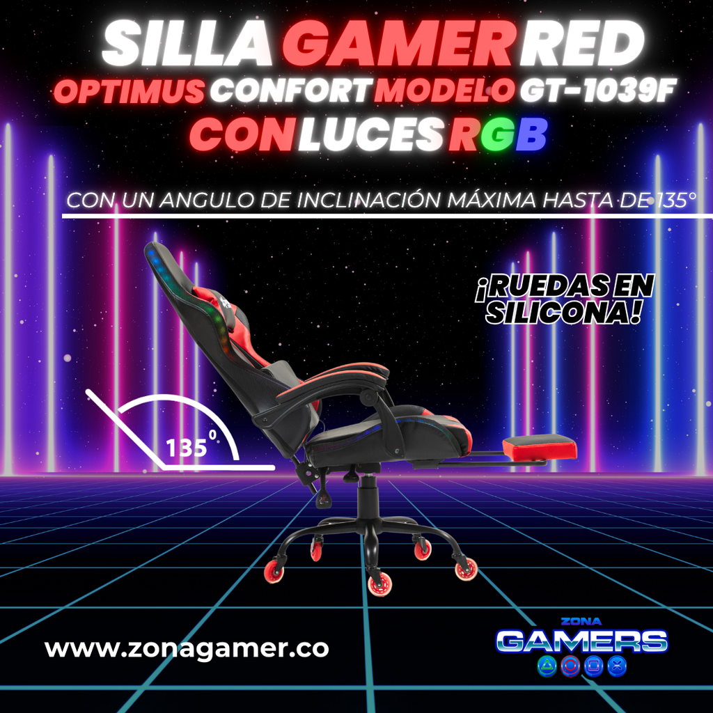 Silla gamer GT-1039F Red con luces RGB + reposapiés y ruedas en silicona