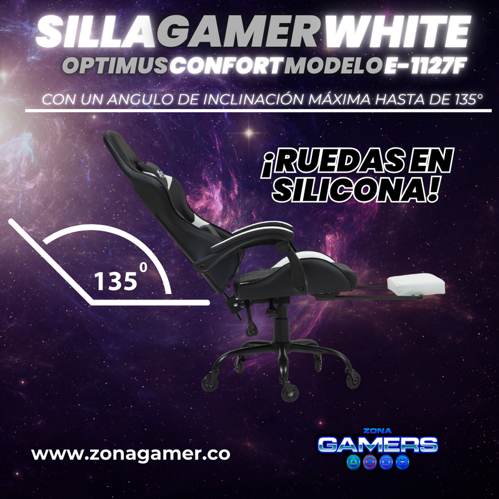 Silla Gamer E-1127F White con reposapiés y ruedas en silicona