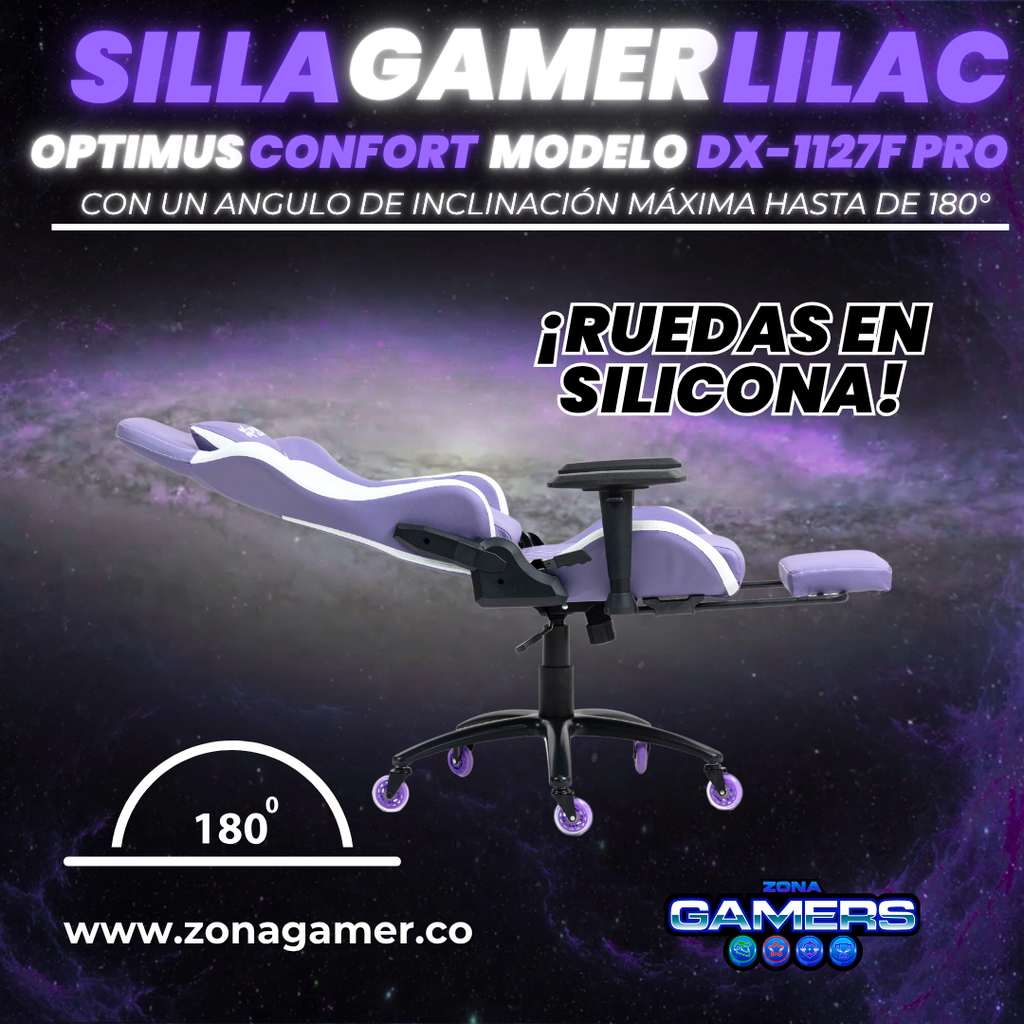 Silla Gamer DX-1127F PRO Lilac con reposapiés y ruedas en silicona