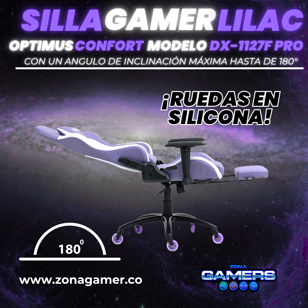 Silla Gamer DX-1127F PRO Lilac con reposapiés y ruedas en silicona