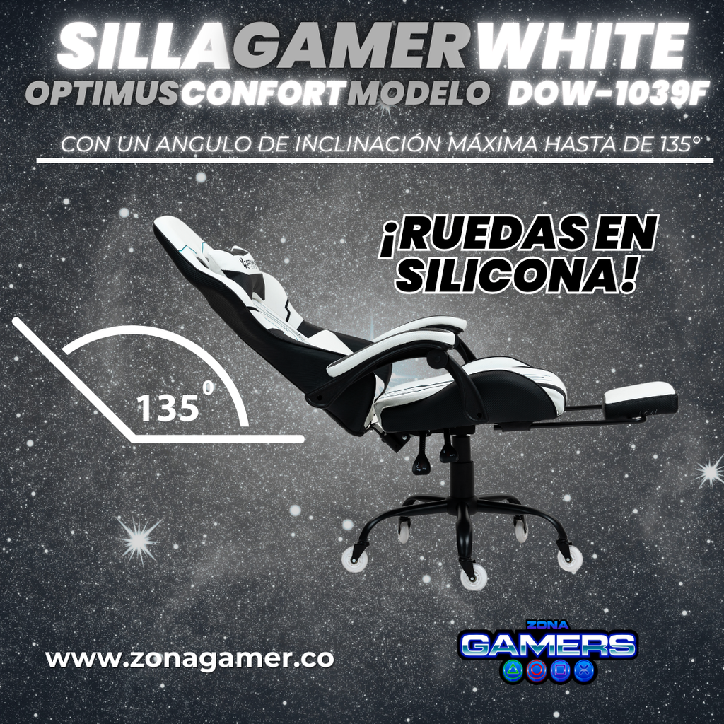 Silla Gamer DOW-1039F White con reposapiés y ruedas en silicona
