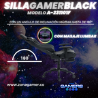 Silla Gamer A231101F Black + masajeador lumbar con reposapiés incluido y ruedas en silicona