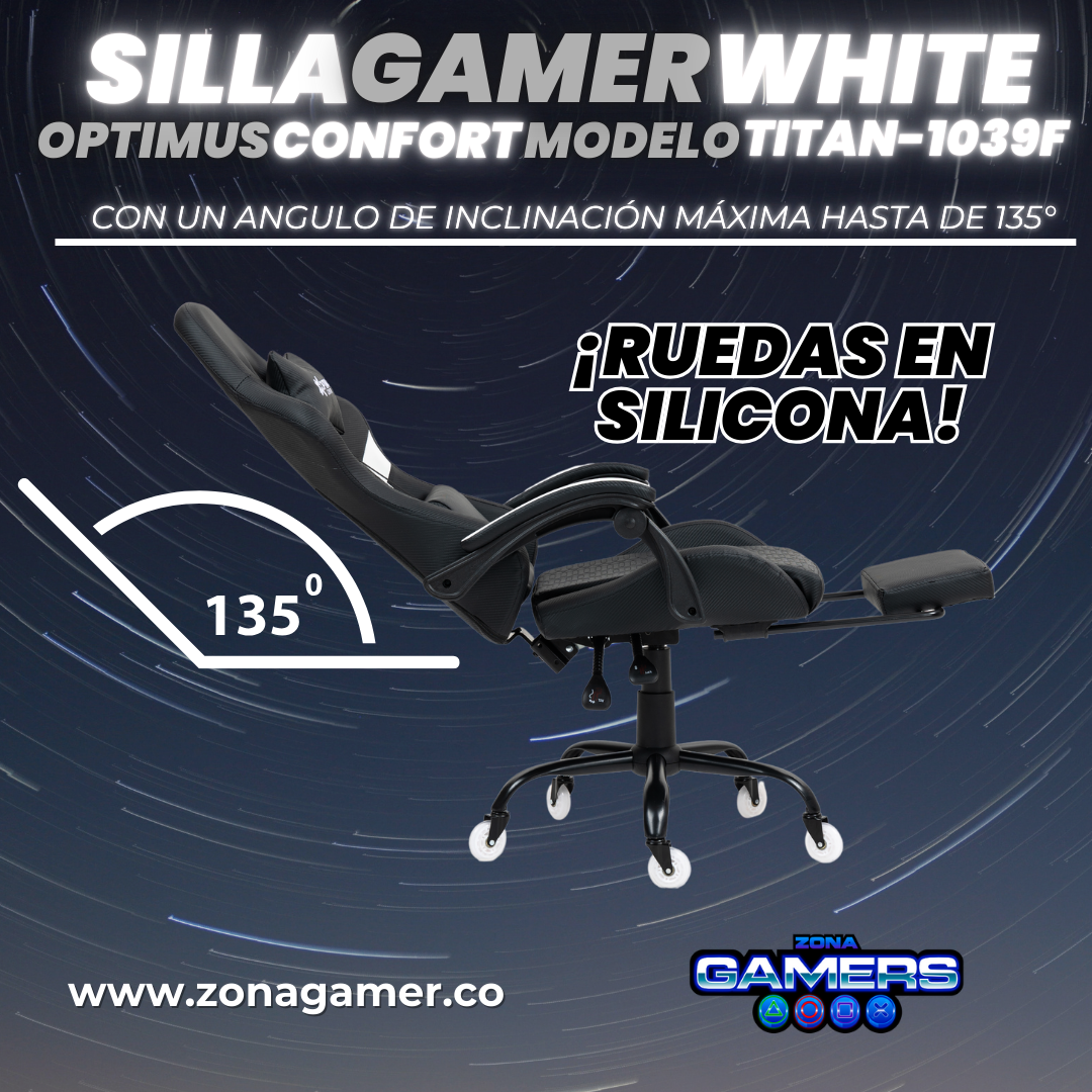 Silla Gamer Titan-1039F White con reposapiés y ruedas en silicona