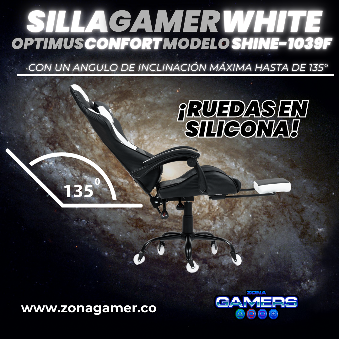 Silla Gamer Shine-1039F White con reposapiés y ruedas en silicona