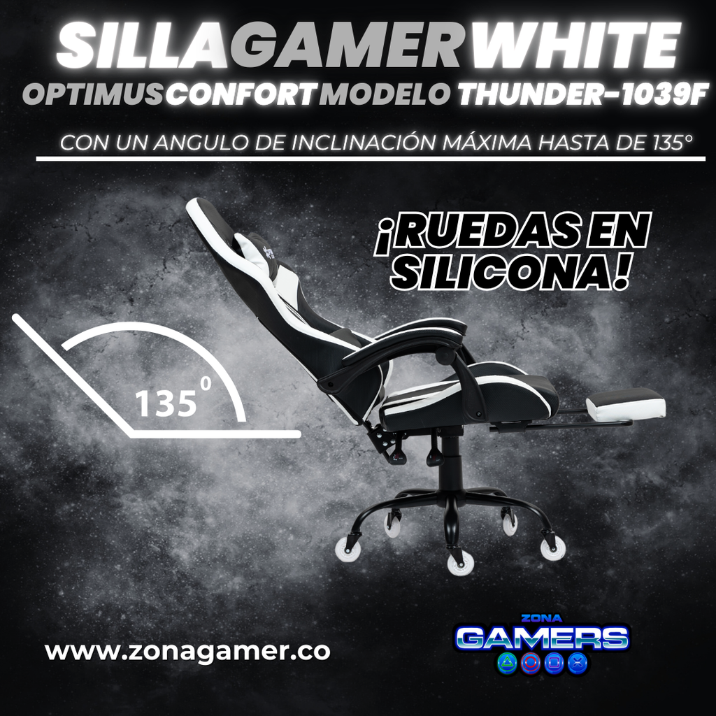 Silla Gamer Thunder-1039F White con reposapiés y ruedas en silicona