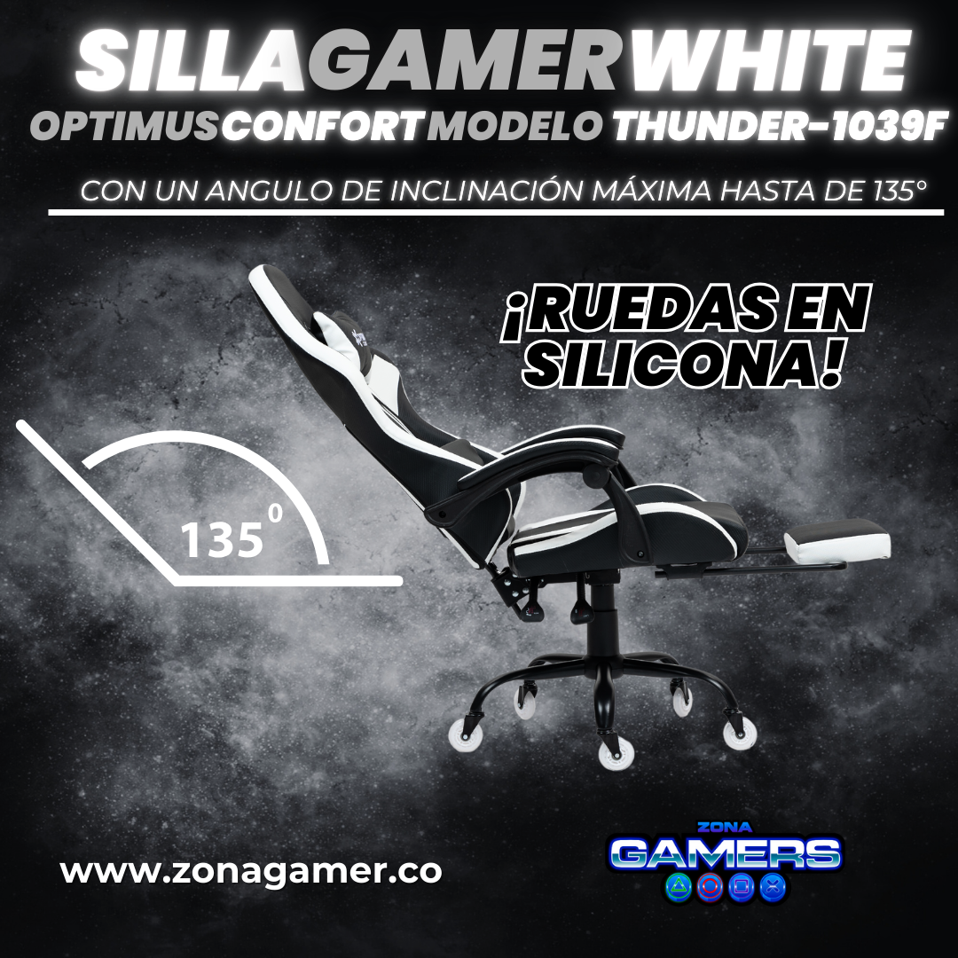 Silla Gamer Thunder-1039F White con reposapiés y ruedas en silicona