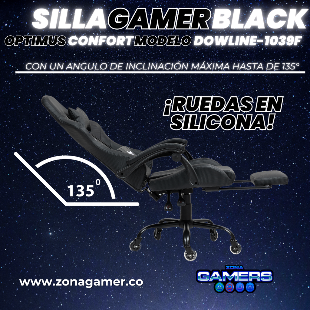 Silla Gamer DOWLINE-1039F Black con reposapiés y ruedas en silicona
