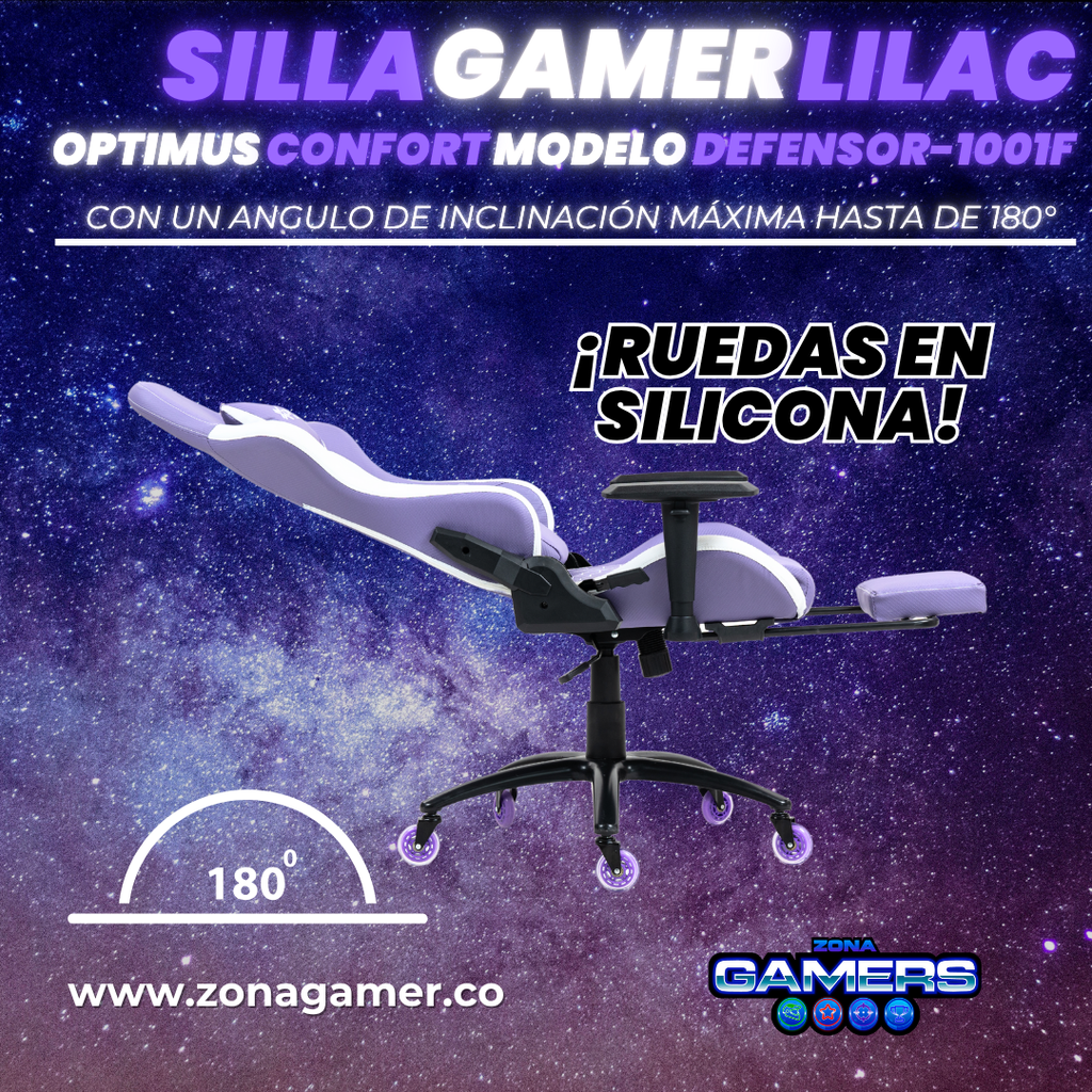 Silla Gamer Defensor-1001F Lilac con reposapiés y ruedas en silicona