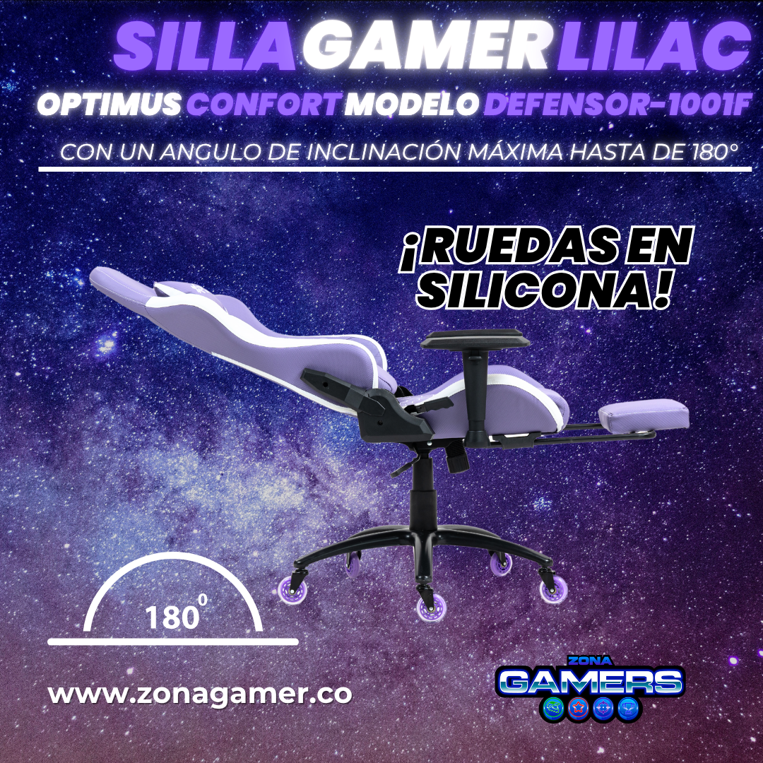 Silla Gamer Defensor-1001F Lilac con reposapiés y ruedas en silicona