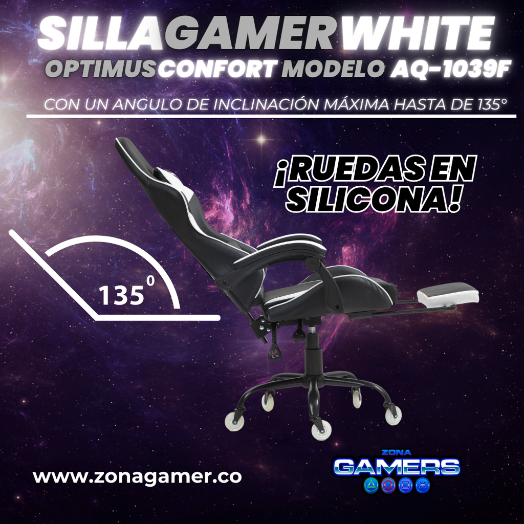 Silla Gamer AQ-1039F White con reposapiés y ruedas en silicona