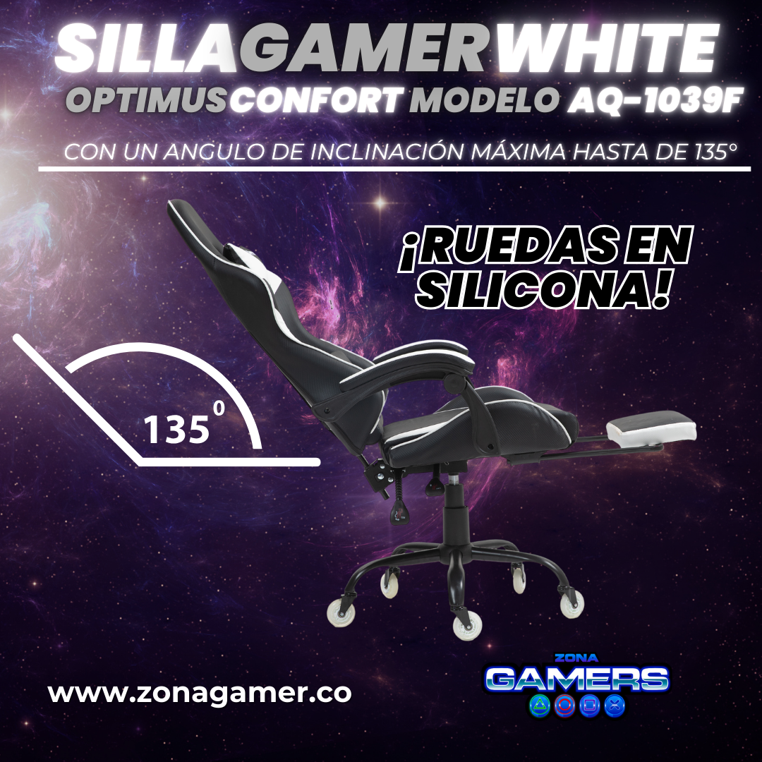 Silla Gamer AQ-1039F White con reposapiés y ruedas en silicona