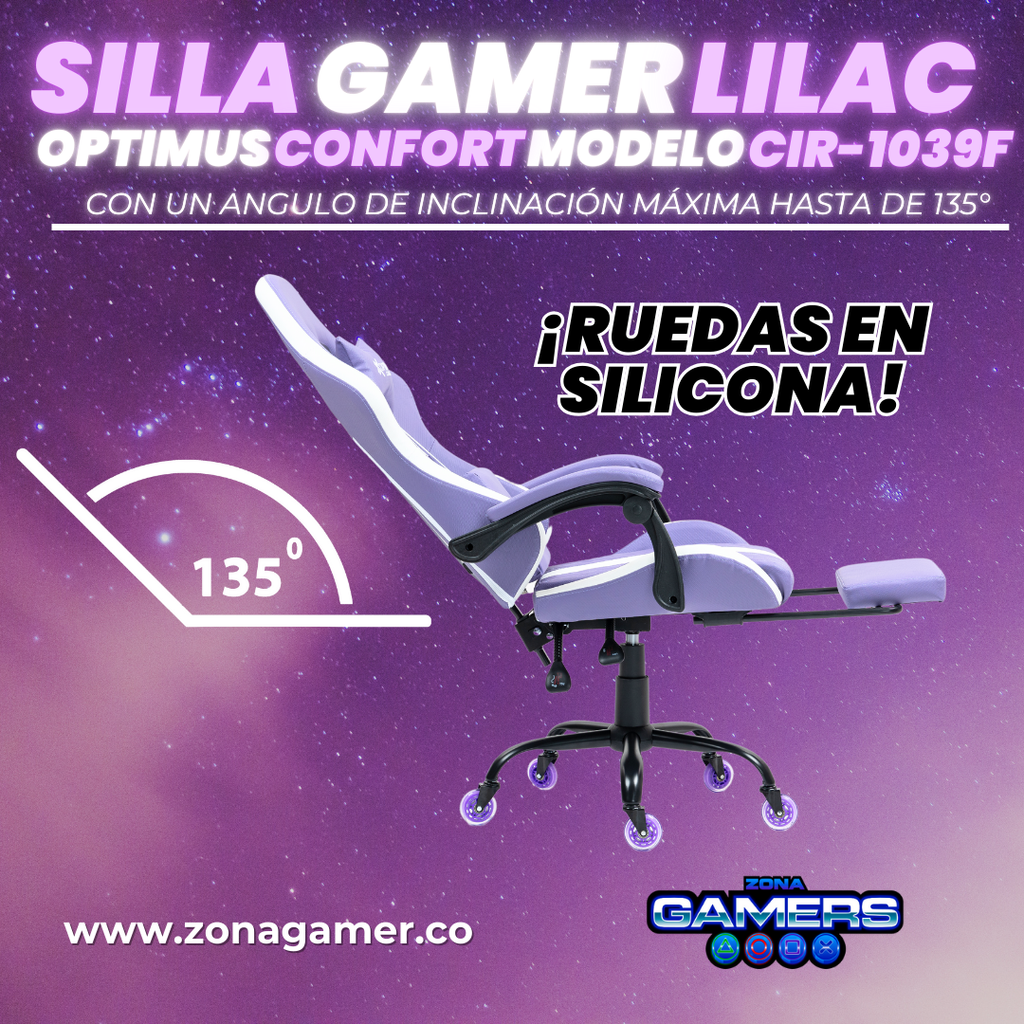 Silla Gamer CIR-1039F Lilac con reposapiés y ruedas en silicona