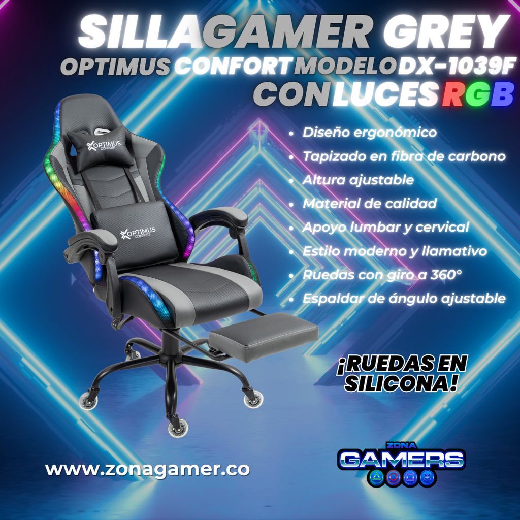Silla gamer DX-1039F Grey con luces RGB + reposapiés y ruedas en silicona