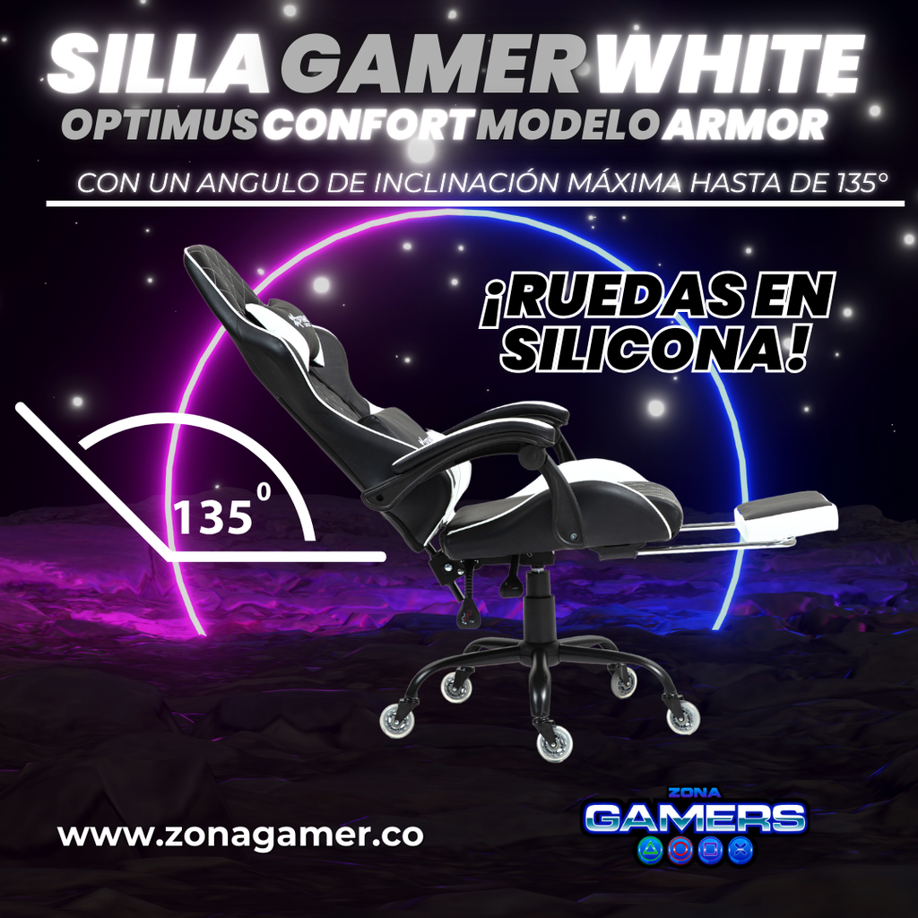 Silla Gamer ARMOR-1127F White con reposapiés y ruedas en silicona