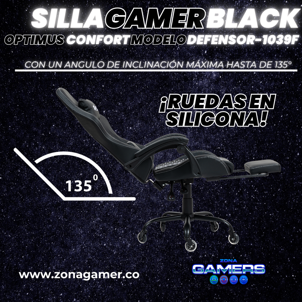 Silla Gamer Defensor-1039F Black con reposapiés y ruedas en silicona