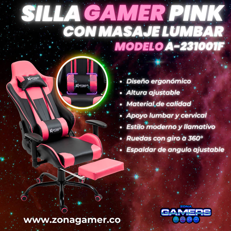 Silla Gamer A231001F Pink  con masajeador lumbar y reposapies incluido