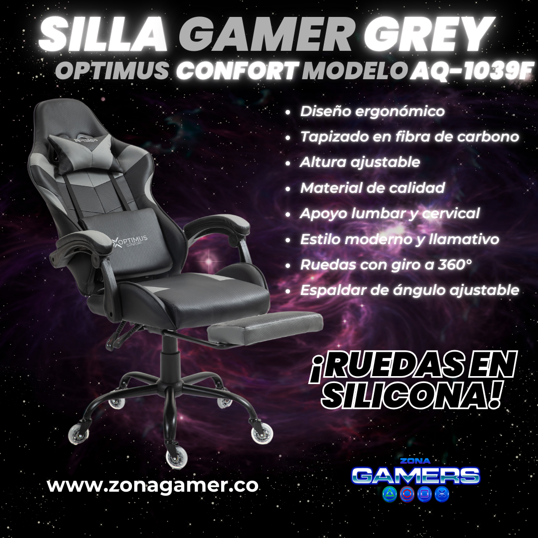 Silla Gamer AQ-1039F Grey con reposapiés y ruedas en silicona