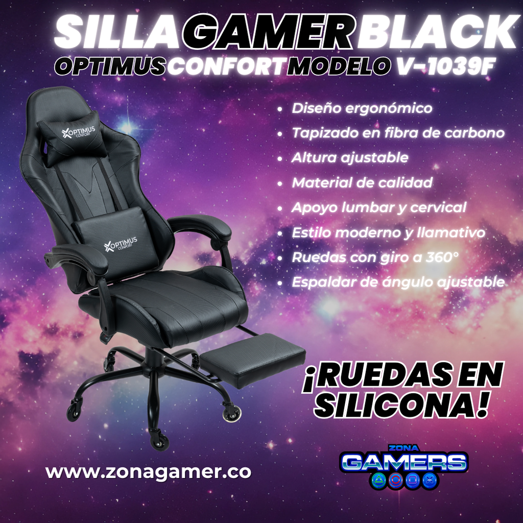 Silla Gamer V-1039F Black con reposapiés y ruedas en silicona