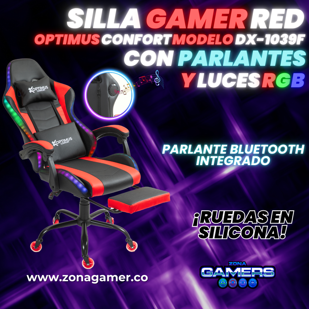 Silla gamer DX-1039F Red con luces RGB + Parlantes + reposapiés y ruedas en silicona