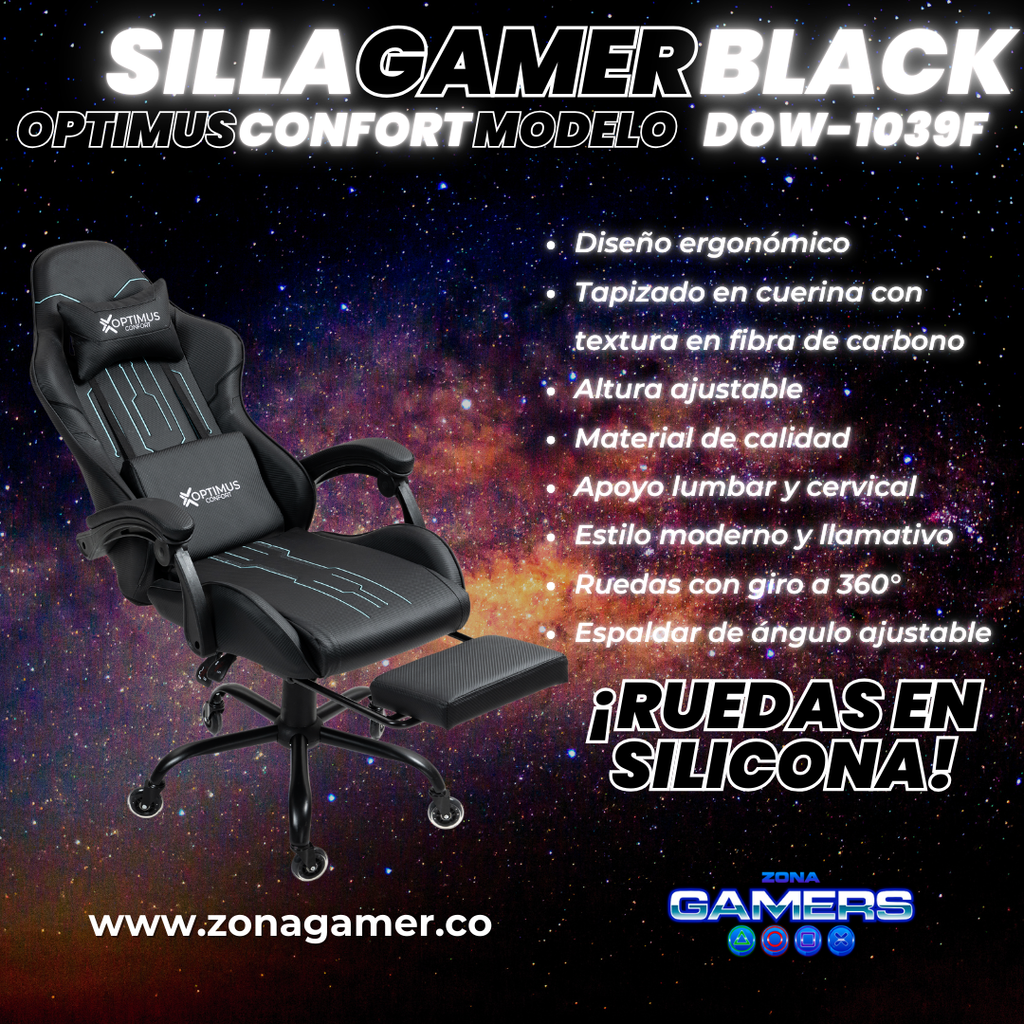 Silla Gamer DOW-1039F Black con reposapiés y ruedas en silicona