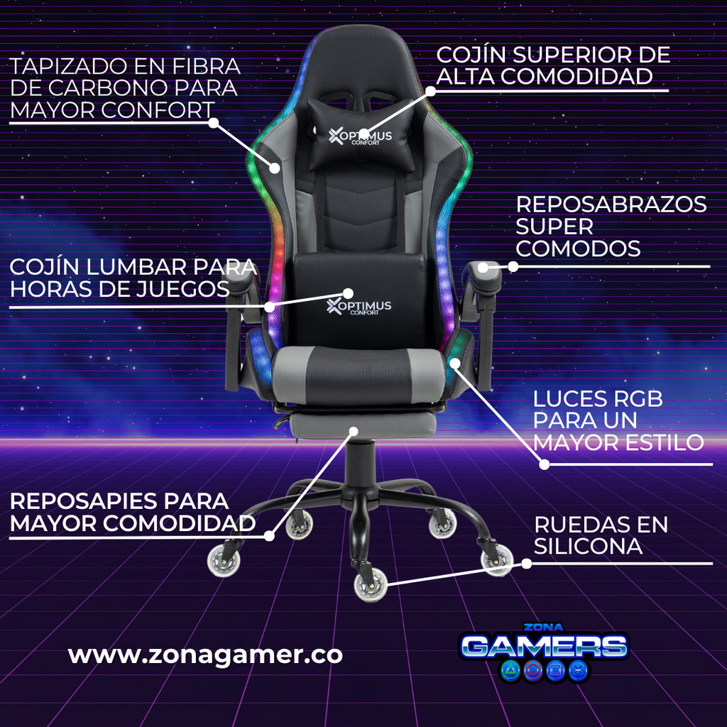Silla gamer DX-1039F Grey con luces RGB + reposapiés y ruedas en silicona