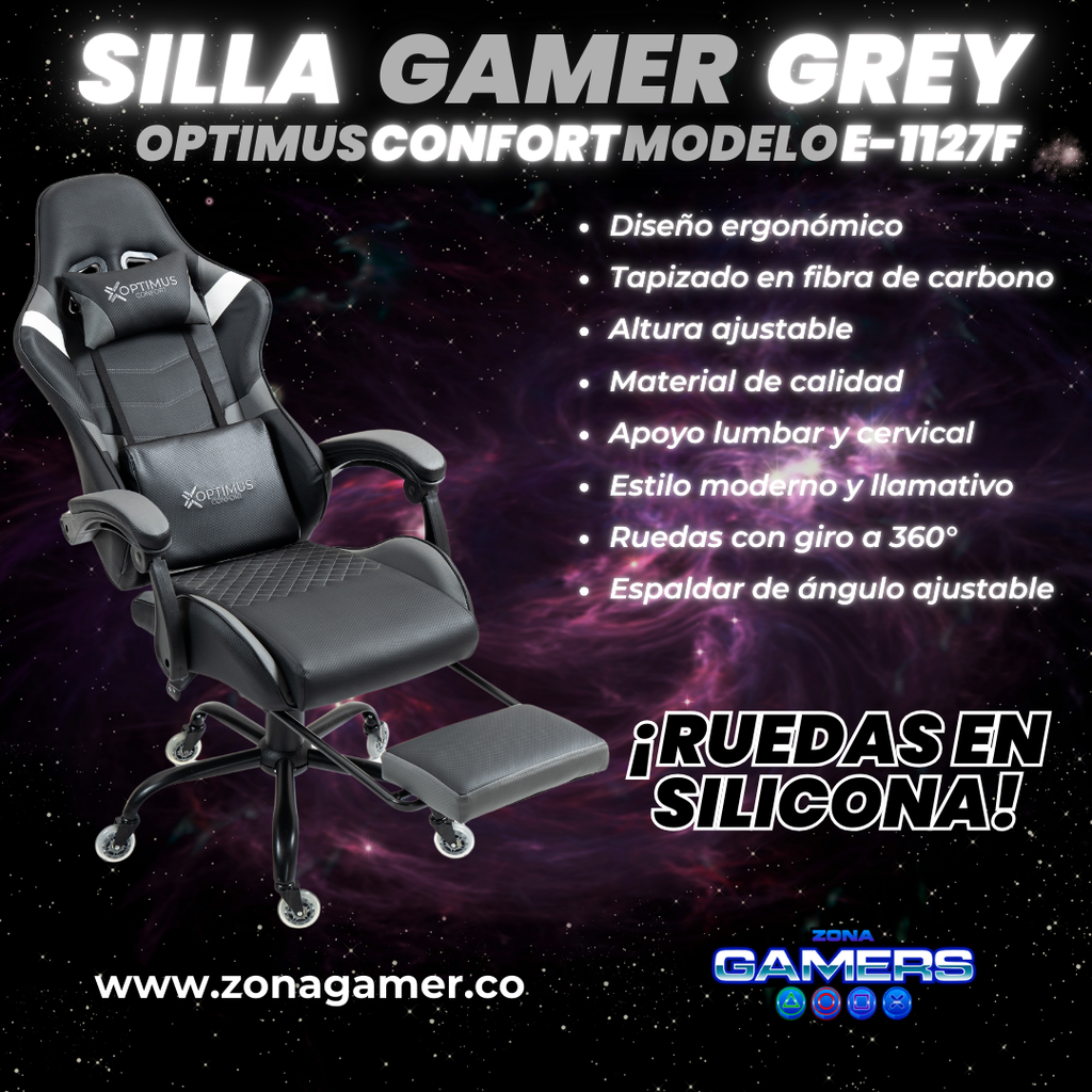 Silla Gamer E-1127F Grey con reposapiés y ruedas en silicona