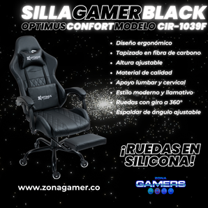 Silla Gamer CIR-1039F Black con reposapiés y ruedas en silicona