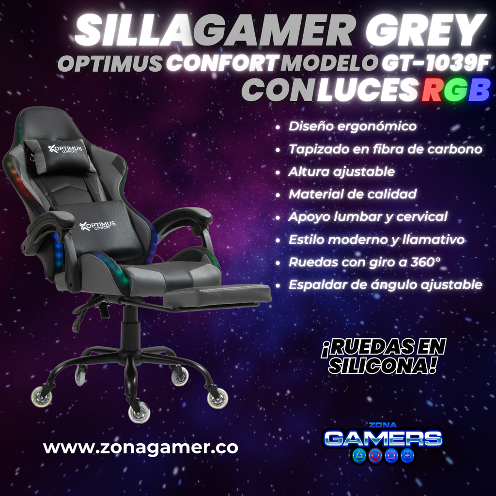 Silla gamer GT-1039F Grey con luces RGB + reposapiés y ruedas en silicona