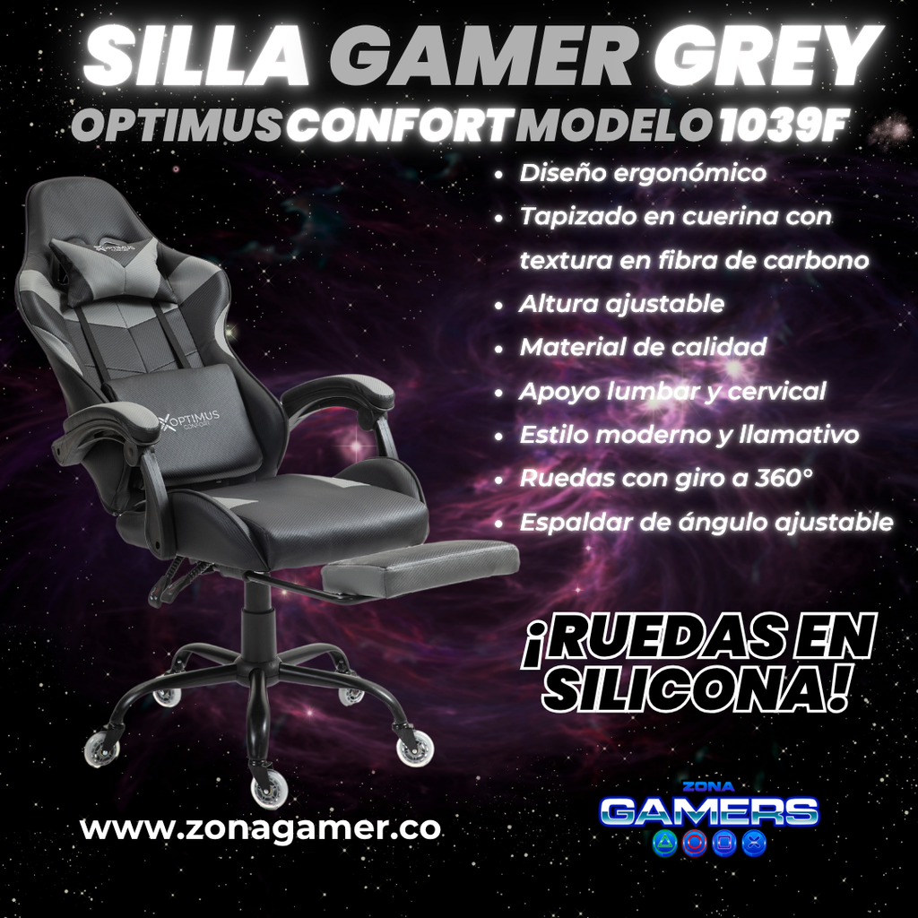Silla Gamer 1039F Grey con reposapiés y ruedas en silicona