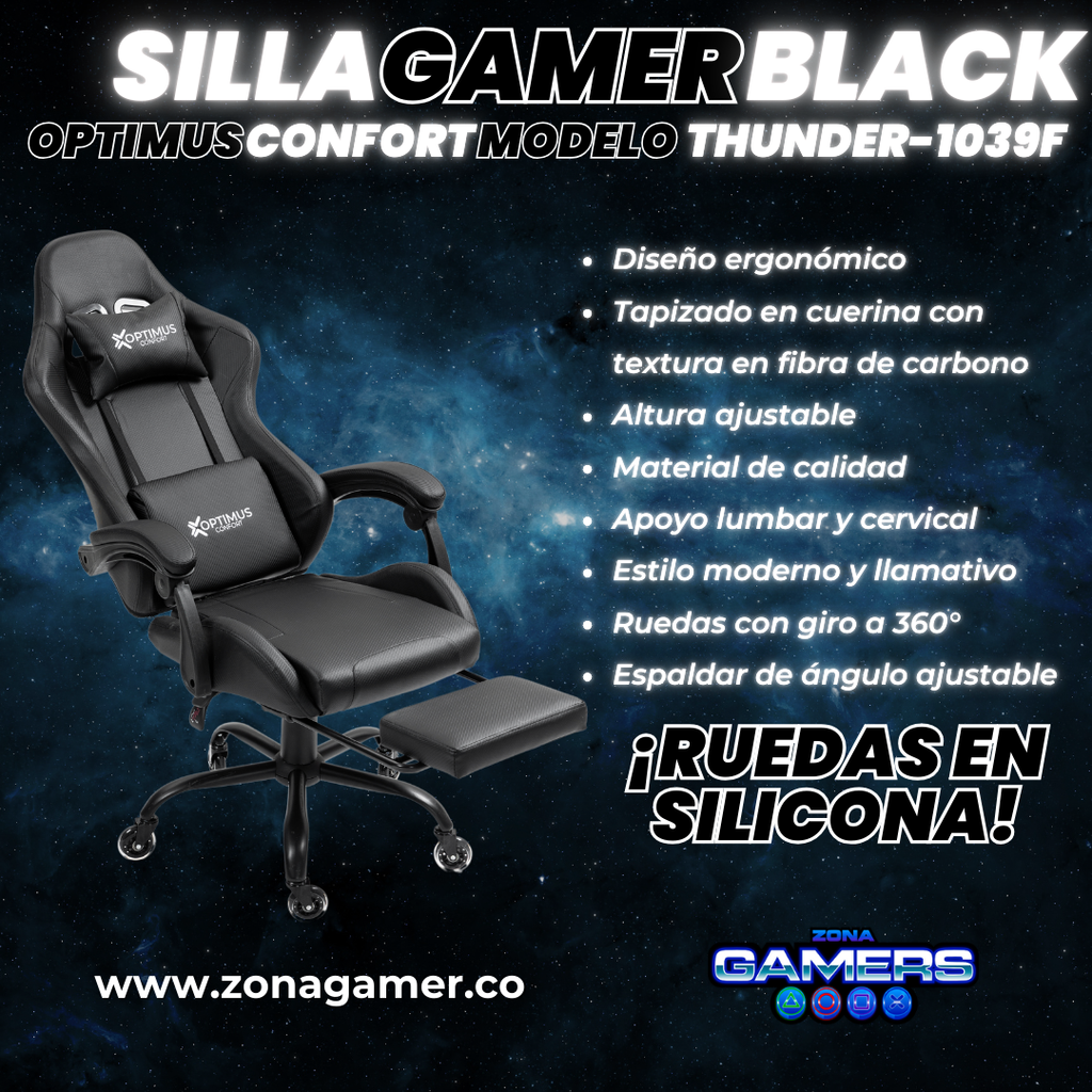 Silla Gamer Thunder-1039F Black con reposapiés y ruedas en silicona
