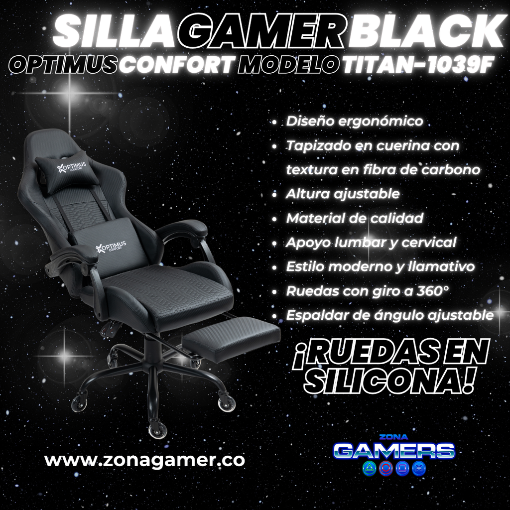 Silla Gamer Titan-1039F Black con reposapiés y ruedas en silicona