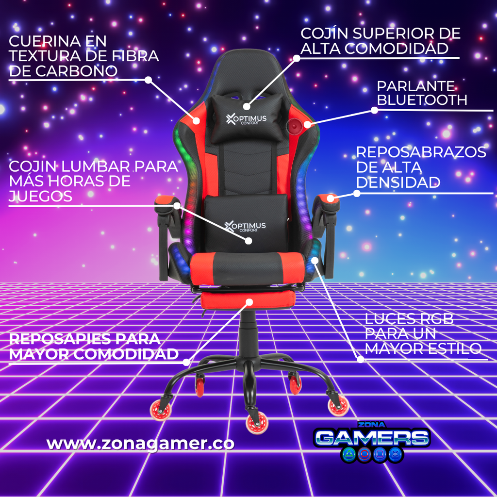 Silla gamer DX-1039F Red con luces RGB + Parlantes + reposapiés y ruedas en silicona