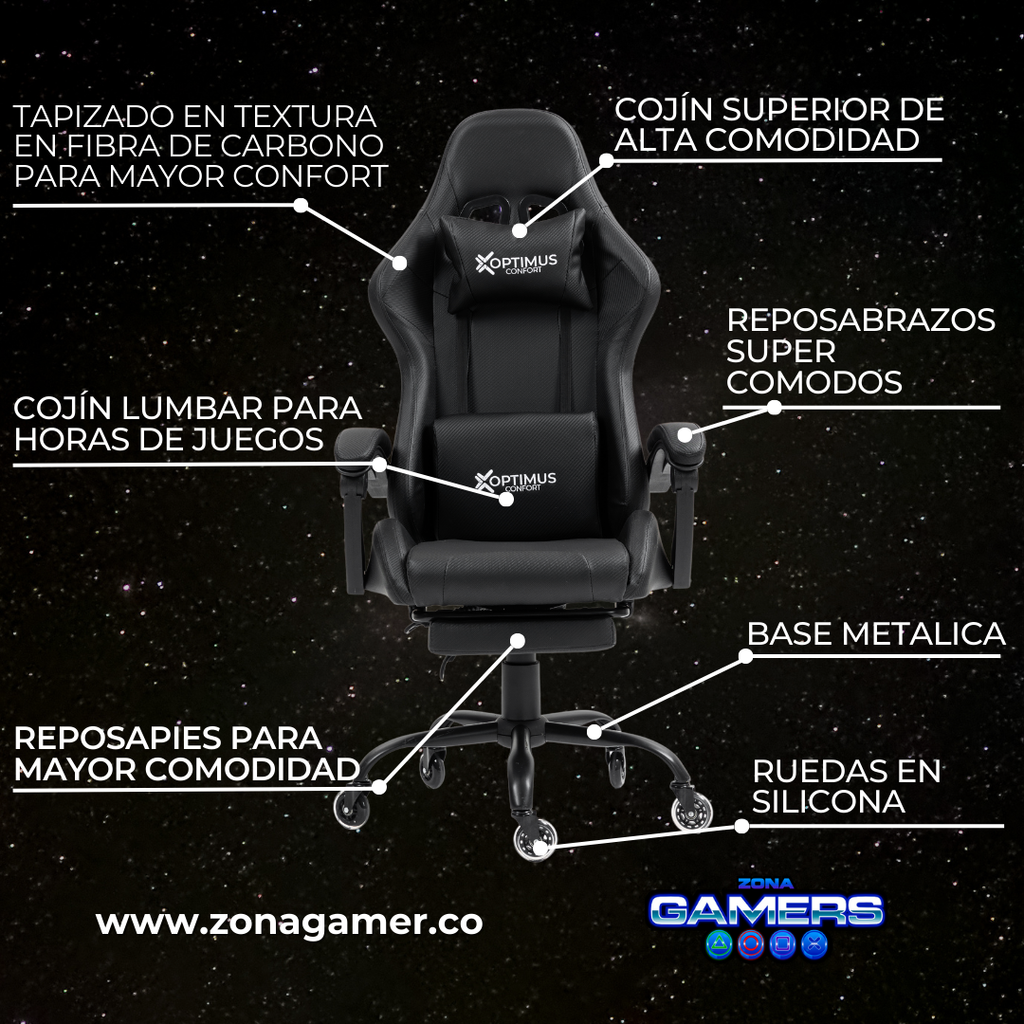 Silla Gamer Thunder-1039F Black con reposapiés y ruedas en silicona