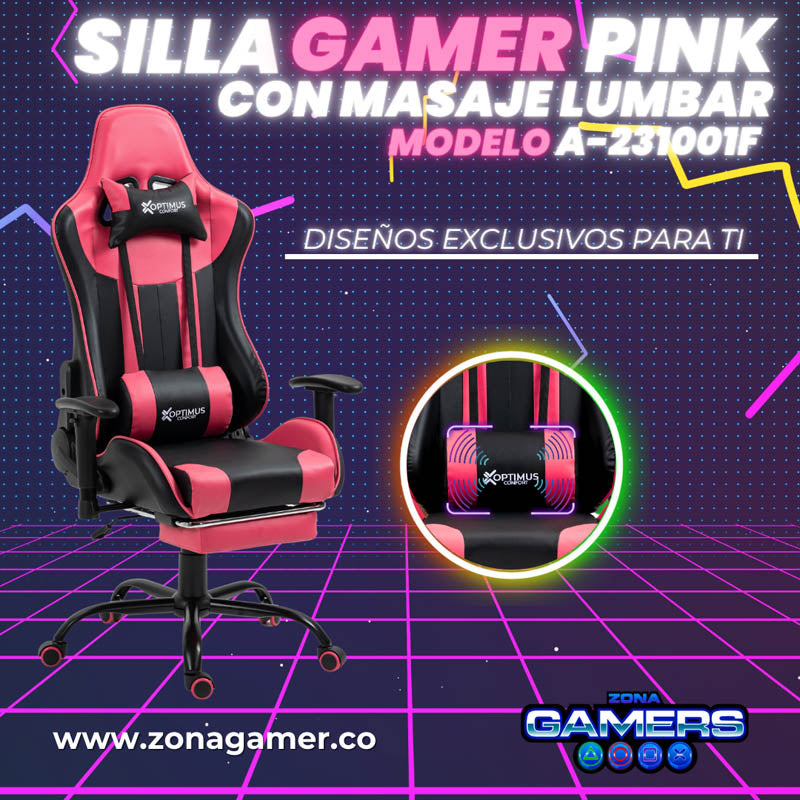 Silla Gamer A231001F Pink  con masajeador lumbar y reposapies incluido