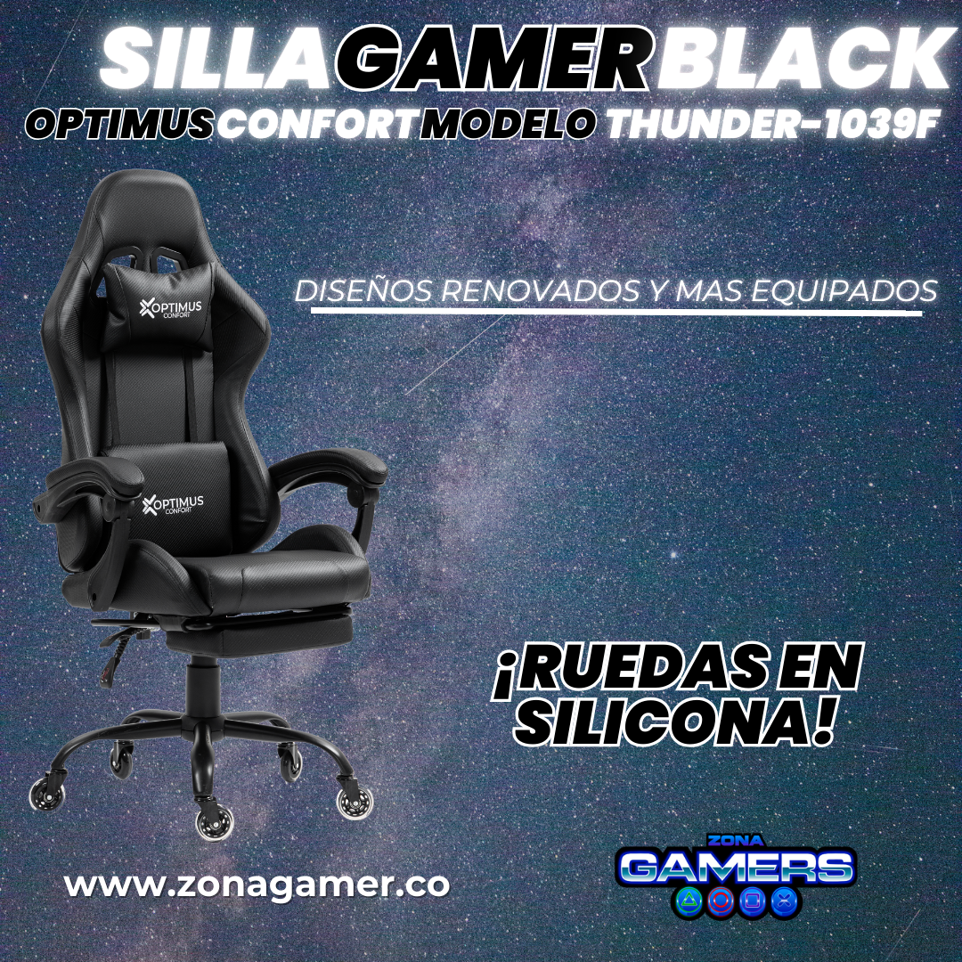 Silla Gamer Thunder-1039F Black con reposapiés y ruedas en silicona