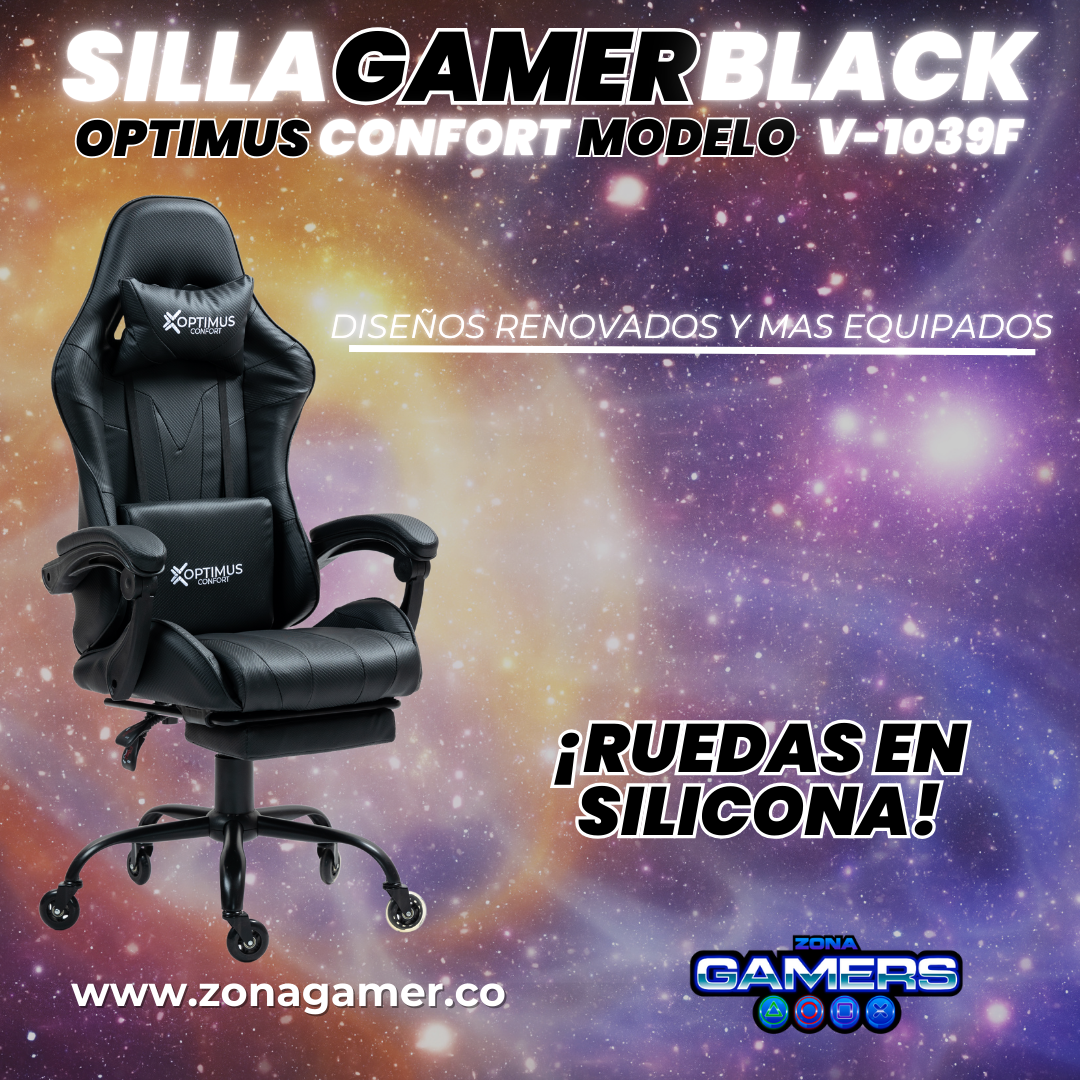 Silla Gamer V-1039F Black con reposapiés y ruedas en silicona
