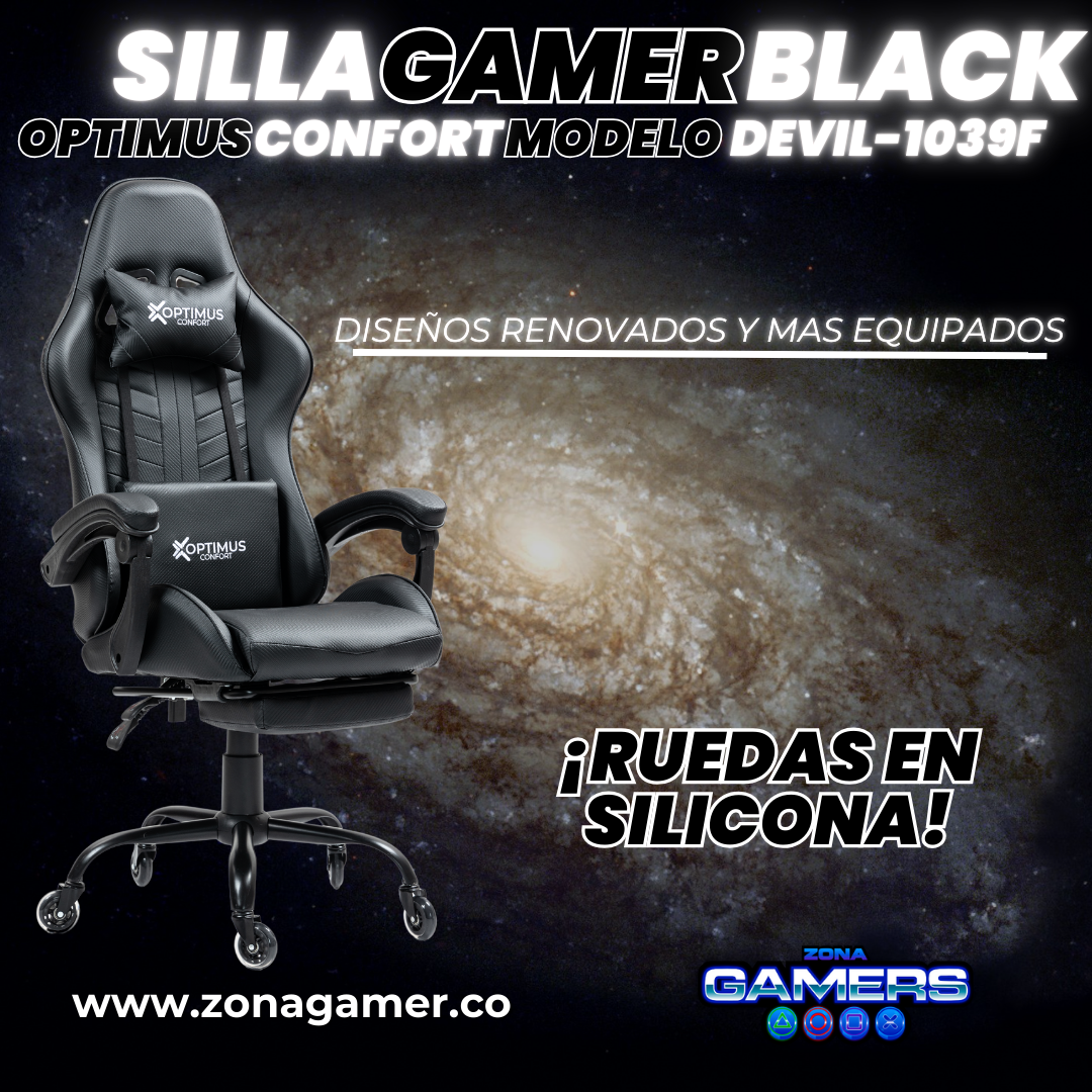 Silla Gamer Devil-1039F Black con reposapiés y ruedas en silicona