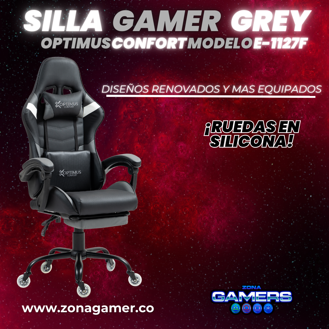 Silla Gamer E-1127F Grey con reposapiés y ruedas en silicona