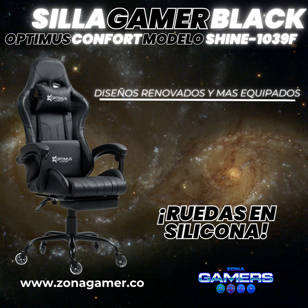 Silla Gamer Shine-1039F Black con reposapiés y ruedas en silicona
